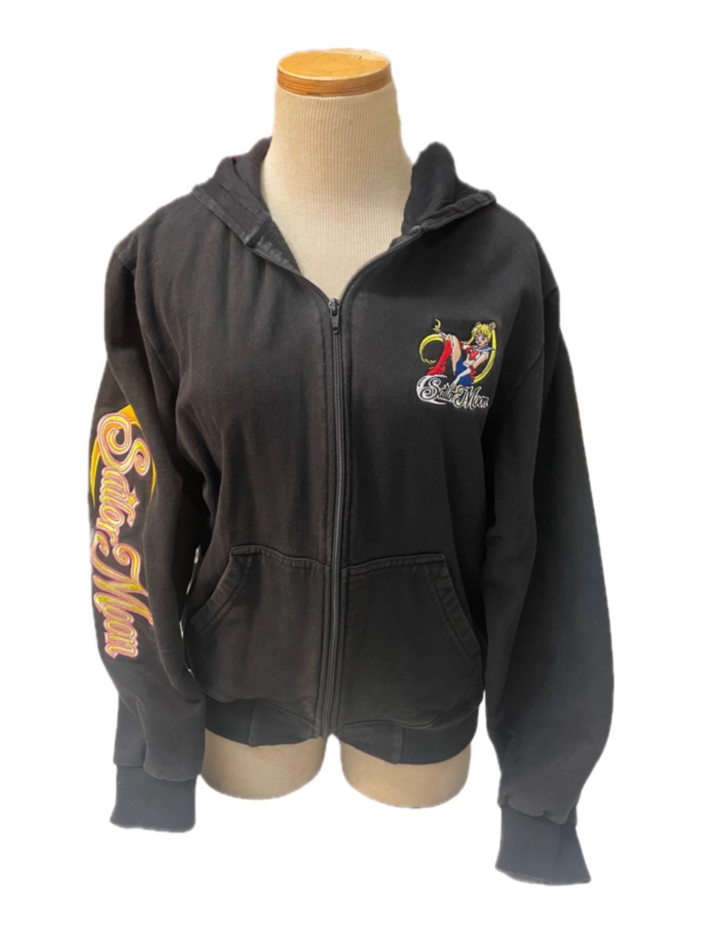 Sailor Moon Black Zip-Up Hoodie - Embroidered Chest & Sleeve Graphics